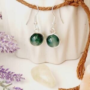 Green Natural Jade Stone Earrings, Silver-Plated Wire Wrapped Dangle Earrings